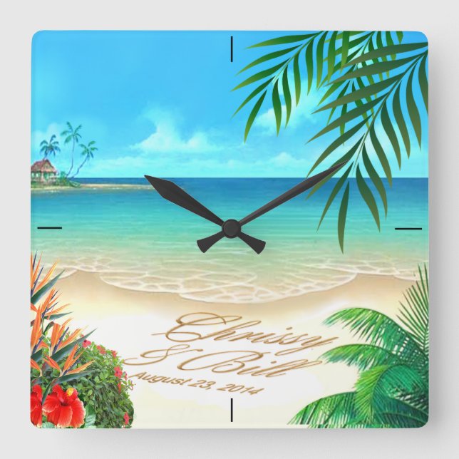 Exotic Beach ASK ME TO DRAW YOUR NAMES IN SAND Square Wall Clock (Front)