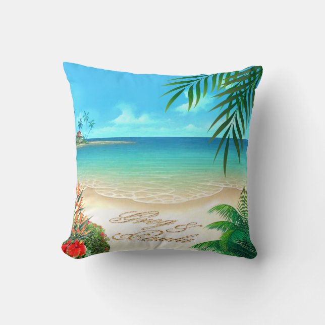 Exotic Beach Tropical ask me to add names in sand Cushion (Front)