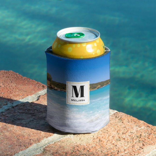 Exotic Beach Tropical Island Paradise Monogram Can Cooler (In Situ Pool)