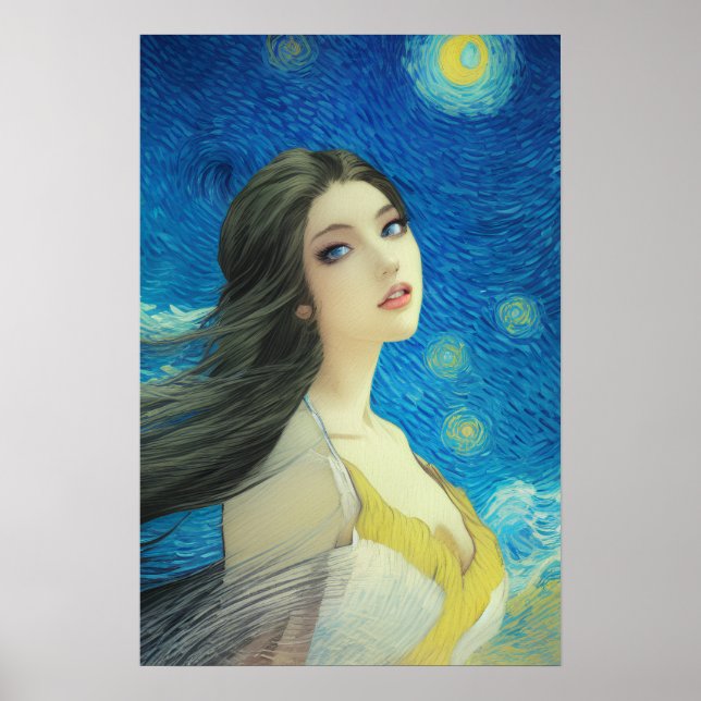 Exotic Beauty in Starry Night, Van Gogh Style Art  Poster (Front)