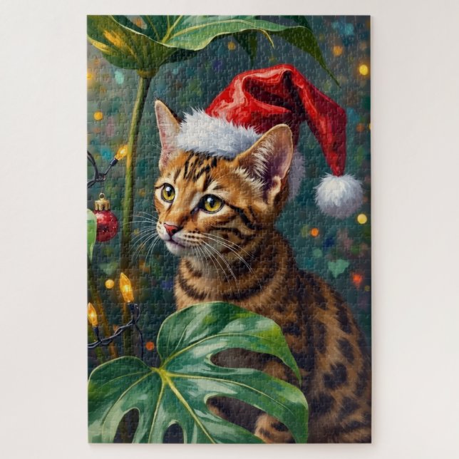 Exotic Bengal Cat Jungle Christmas Playtime Art Jigsaw Puzzle (Vertical)