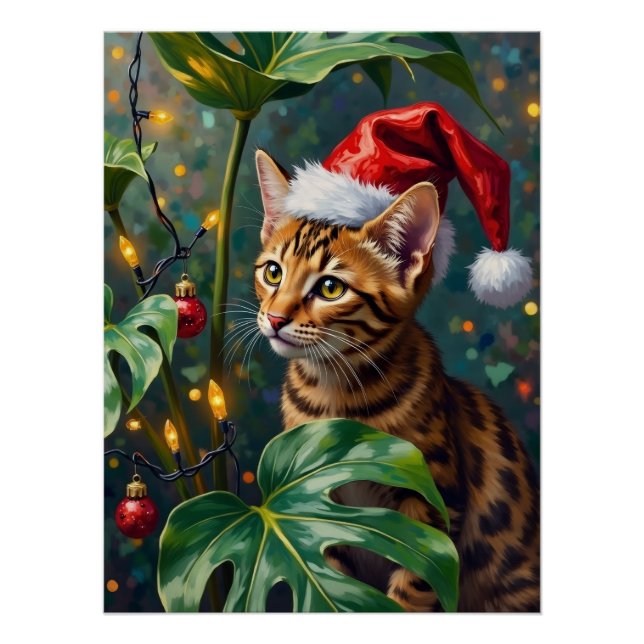 Exotic Bengal Cat Jungle Christmas Playtime Art Poster (Front)