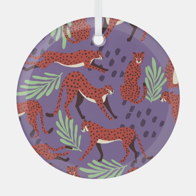Exotic big cats, tropical plants pattern. glass tree decoration (Front)