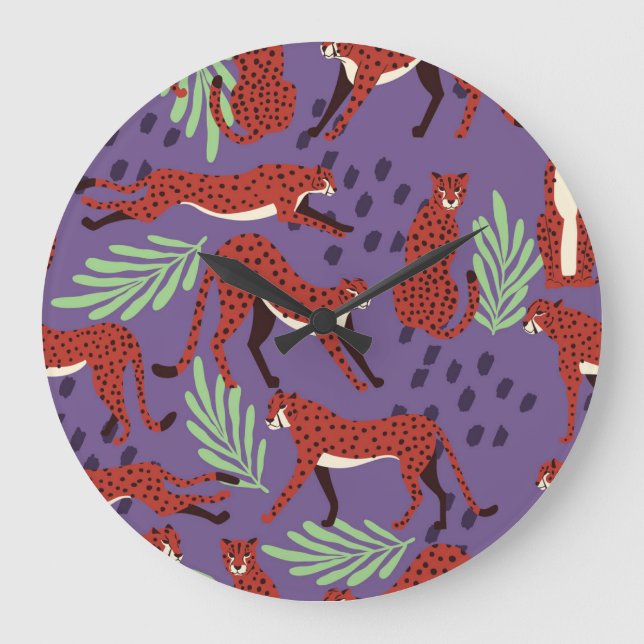 Exotic big cats, tropical plants pattern. large clock (Front)