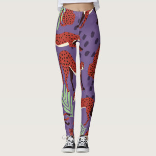 Exotic big cats, tropical plants pattern. leggings