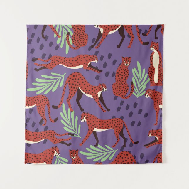 Exotic big cats, tropical plants pattern. tapestry (Front)