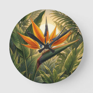 Exotic Bird of Paradise Tropical Jungle Sunset Round Clock