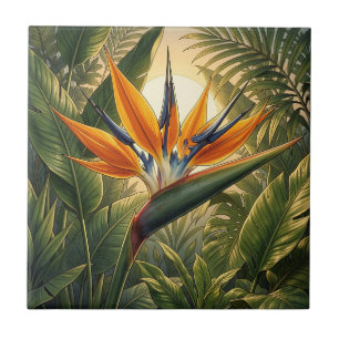 Exotic Bird of Paradise Tropical Jungle Sunset Tile