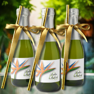 Exotic Bird of Paradise Watercolor Wedding Mini Sparkling Wine Label