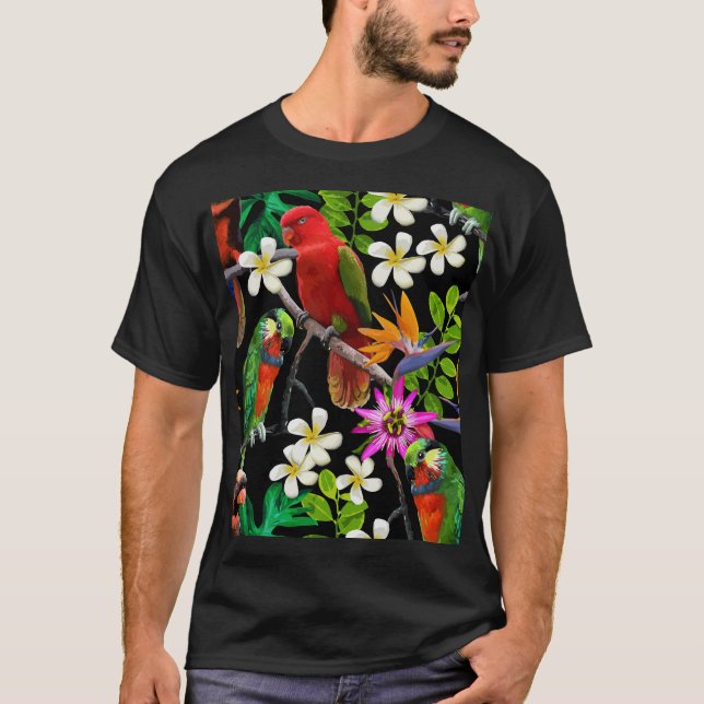 Exotic Birds Beautiful Flowers Pattern T-Shirt (Front)