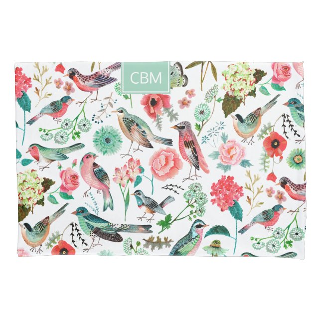 Exotic birds Jungle Floral Pattern with Monogram   Pillowcase (Front)