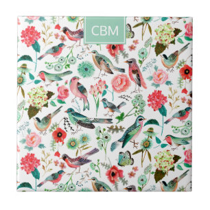 Exotic birds Jungle Floral Pattern with Monogram Tile