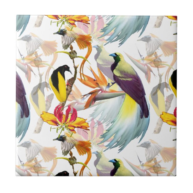 Exotic Birds of Paradise and Flowers Watercolor Tile (Front)