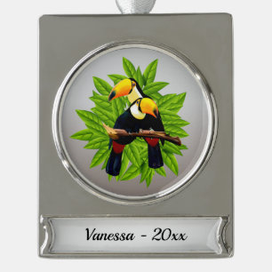 Exotic Birds Personalise with name and date Silver Plated Banner Ornament