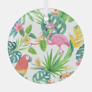Exotic birds, rainforest watercolor seamless patte glass tree decoration