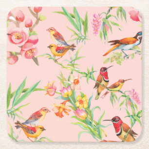 Exotic Birds: Vintage Floral Seamless. Square Paper Coaster
