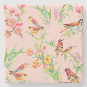 Exotic Birds: Vintage Floral Seamless. Stone Coaster