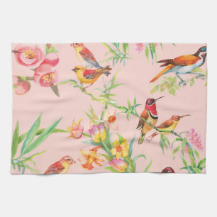 Exotic Birds: Vintage Floral Seamless. Tea Towel
