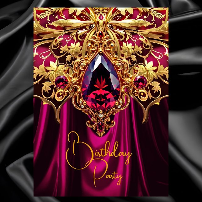 Exotic Birthday Burgundy Plum Gold Jewel Invitation (Creator Uploaded)