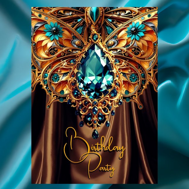 Exotic Birthday Caramel Teal Blue Gold Jewel Invitation (Creator Uploaded)