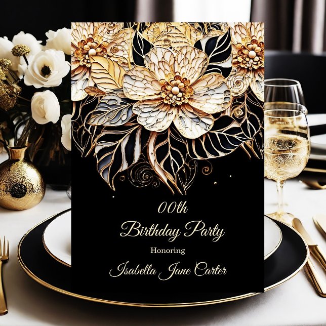 Exotic Birthday Party Floral beige gold black Invitation (Creator Uploaded)