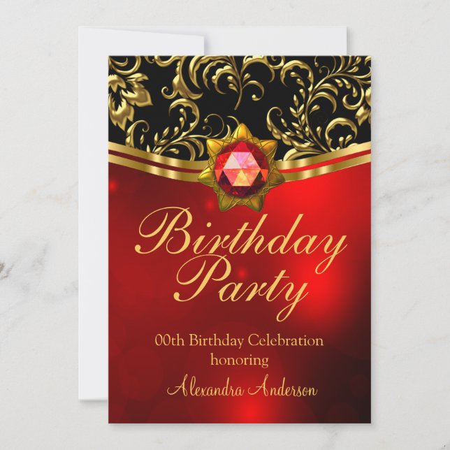 Exotic Birthday Party Red Black Gold Damask Invitation (Front)