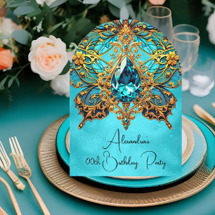 Exotic Birthday Party Teal Blue Gold Jewel  Invitation