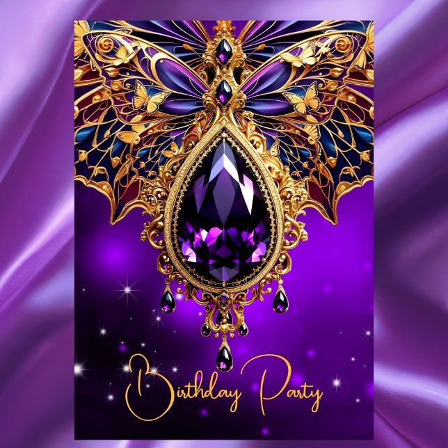 Exotic Birthday Purple blue Gold Jewel Butterfly Invitation (Creator Uploaded)