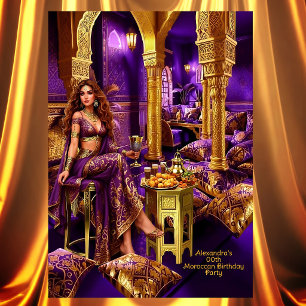 Exotic Birthday Purple Gold Moroccan Themed Party Invitation