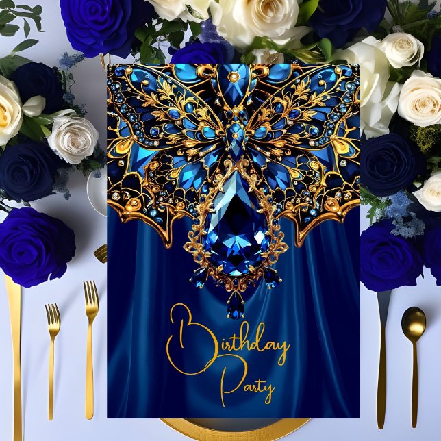 Exotic Birthday Steel Blue Gold Jewel Butterfly Invitation (Creator Uploaded)