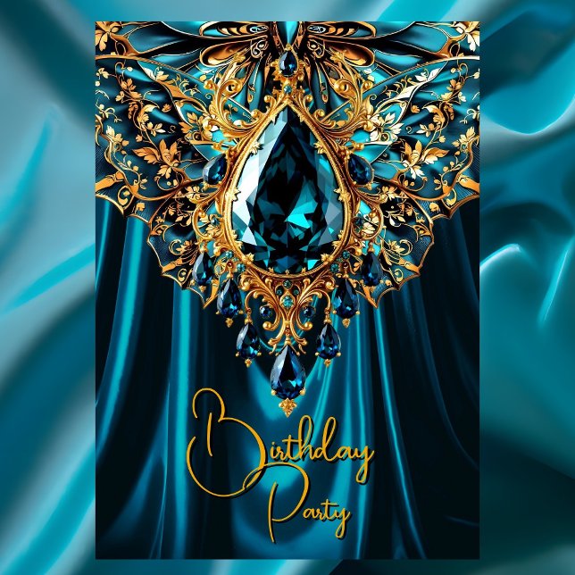 Exotic Birthday Teal Blue Gold Jewel Butterfly Invitation (Creator Uploaded)