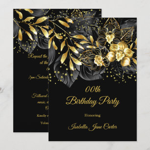 Exotic Black Floral Gold Birthday Party  Invitation