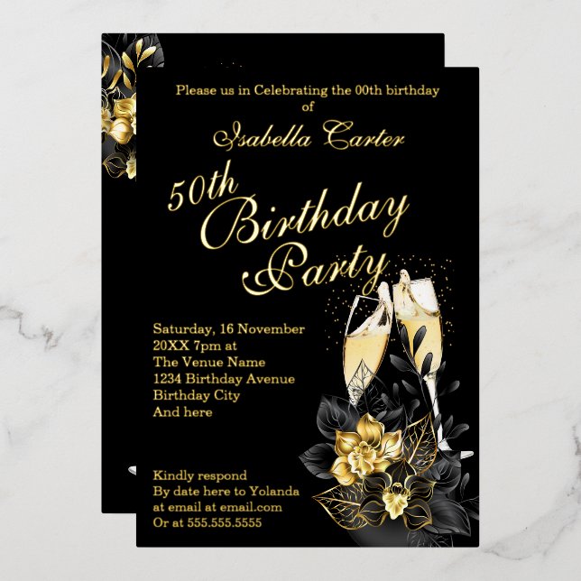 Exotic Black Gold Floral Elegant Birthday Party (Front/Back)