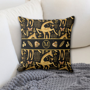 Exotic Black Gold Giraffe Boho Monogram Cushion