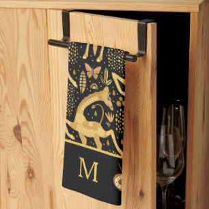 Exotic Black Gold Giraffe Boho Monogram Tea Towel