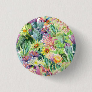 Exotic Blooming Watercolor Cacti Pattern 3 Cm Round Badge