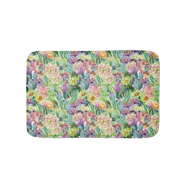 Exotic Blooming Watercolor Cacti Pattern Bath Mat (Front)