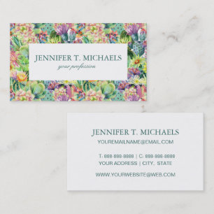 Exotic Blooming Watercolor Cacti Pattern Business Card