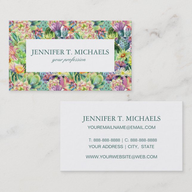 Exotic Blooming Watercolor Cacti Pattern Business Card (Front/Back)
