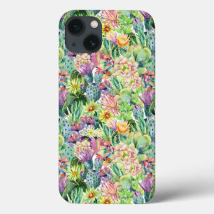 Exotic Blooming Watercolor Cacti Pattern iPhone 13 Case