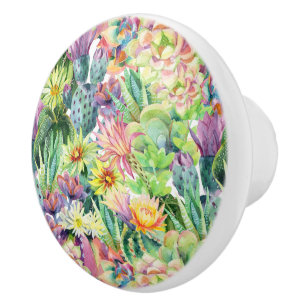 Exotic Blooming Watercolor Cacti Pattern Ceramic Knob