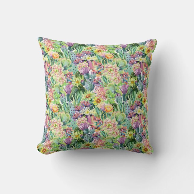Exotic Blooming Watercolor Cacti Pattern Cushion (Front)