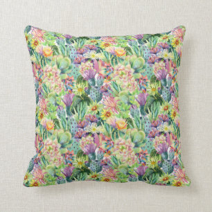 Exotic Blooming Watercolor Cacti Pattern Cushion