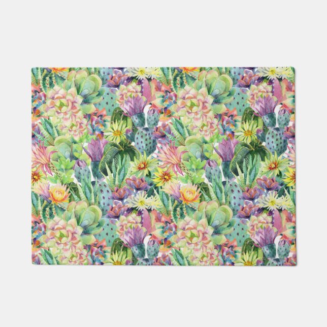 Exotic Blooming Watercolor Cacti Pattern Doormat (Front)