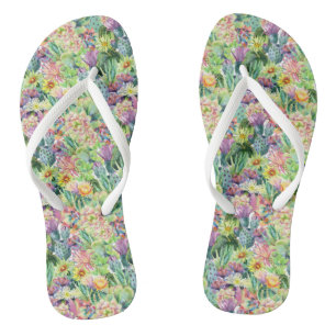 Exotic Blooming Watercolor Cacti Pattern Flip Flops