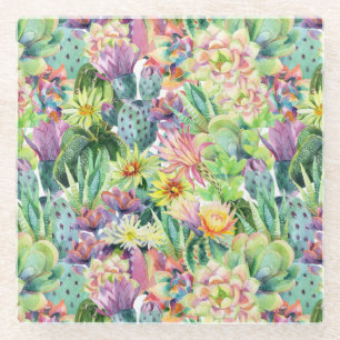 Exotic Blooming Watercolor Cacti Pattern Glass Coaster