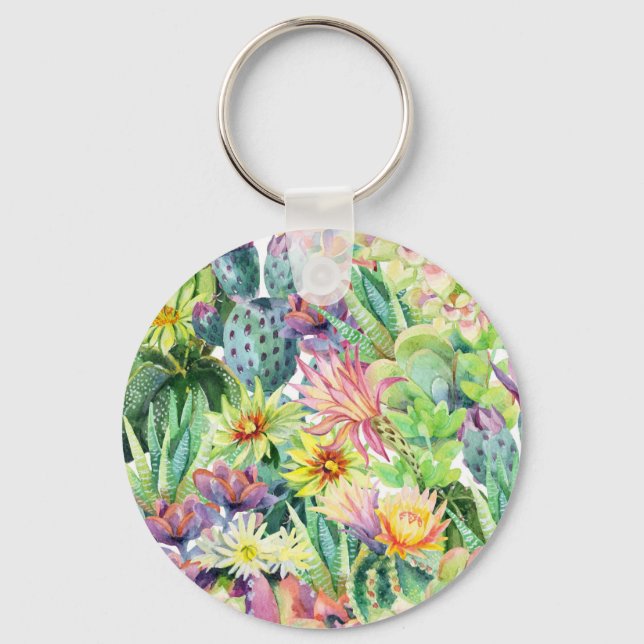 Exotic Blooming Watercolor Cacti Pattern Key Ring (Front)