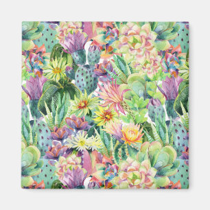 Exotic Blooming Watercolor Cacti Pattern Magnet