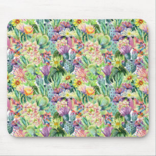 Exotic Blooming Watercolor Cacti Pattern Mouse Mat