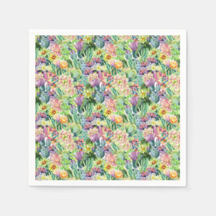 Exotic Blooming Watercolor Cacti Pattern Napkin